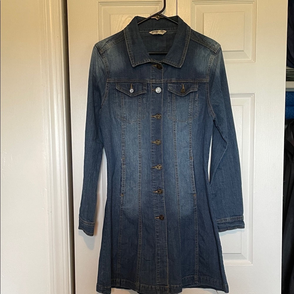 Indigo Rein S distressed denim midi dress/button front/collar/long sleeve/pocket - Picture 3 of 11